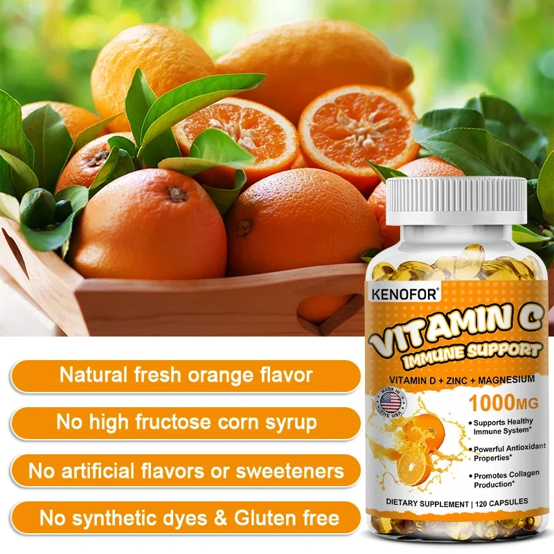 

Vitamin C with Vitamin D, Zinc and Magnesium 1000мG Adult Daily Immune Supplement - Promotes Collagen Production and Skin Health