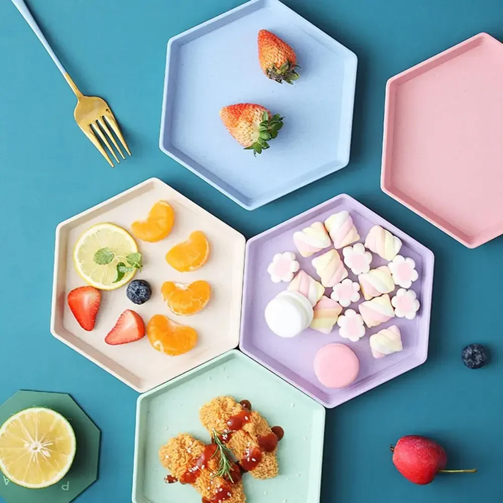 Fruit Plate Hexagon Party Dessert Snacks Foods Wheat Straw Thicken Tray Fruit Plate Supplies Six-point Dish for Household Dishes