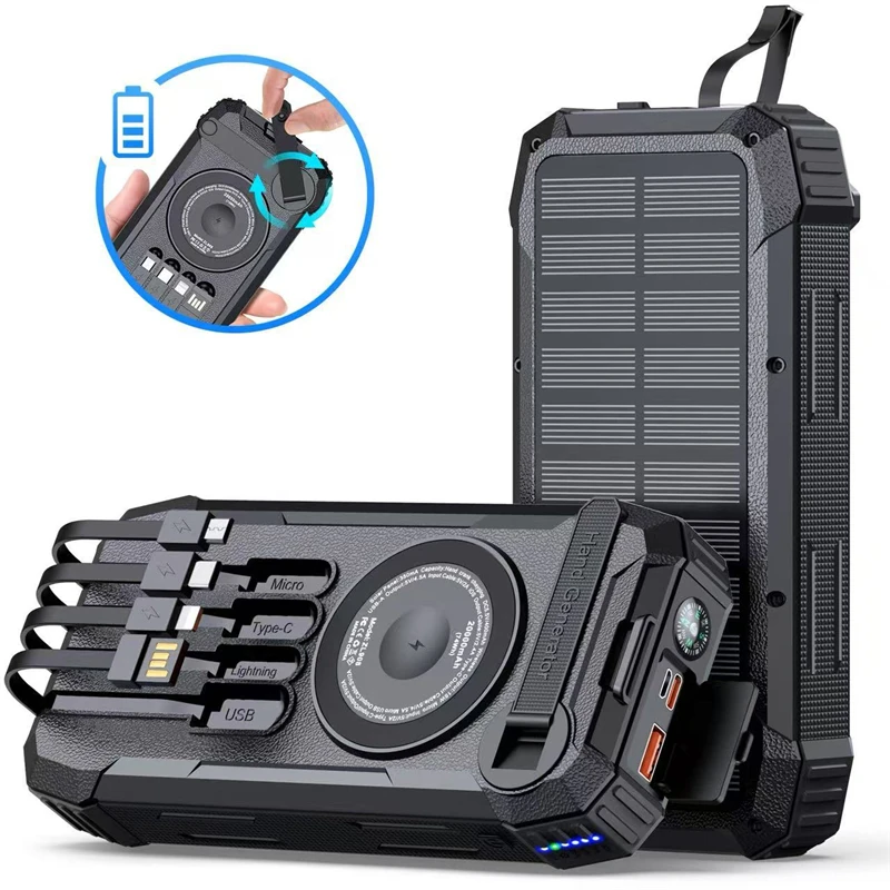 20000mAh Solar Power Bank with Hand Crank Magnetic Wireless Charger for Airpods Apple Watch S9 for iPhone 16 Portable Powerbank