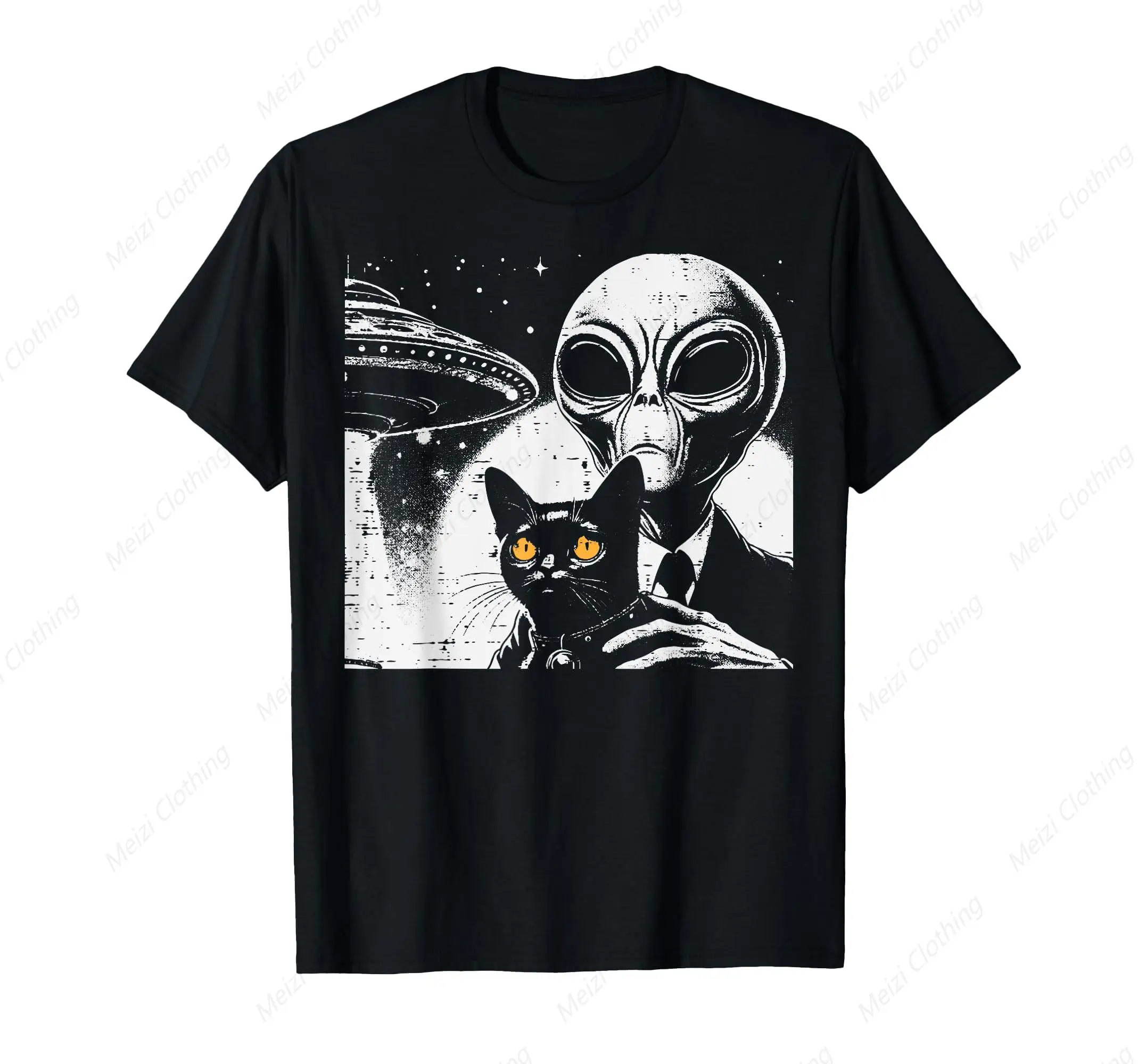 

Alien and Cat Funny Ufo Space Pet Printed Women's and Men's T-shirt Cool Personality Short Sleeve Pure Cotton