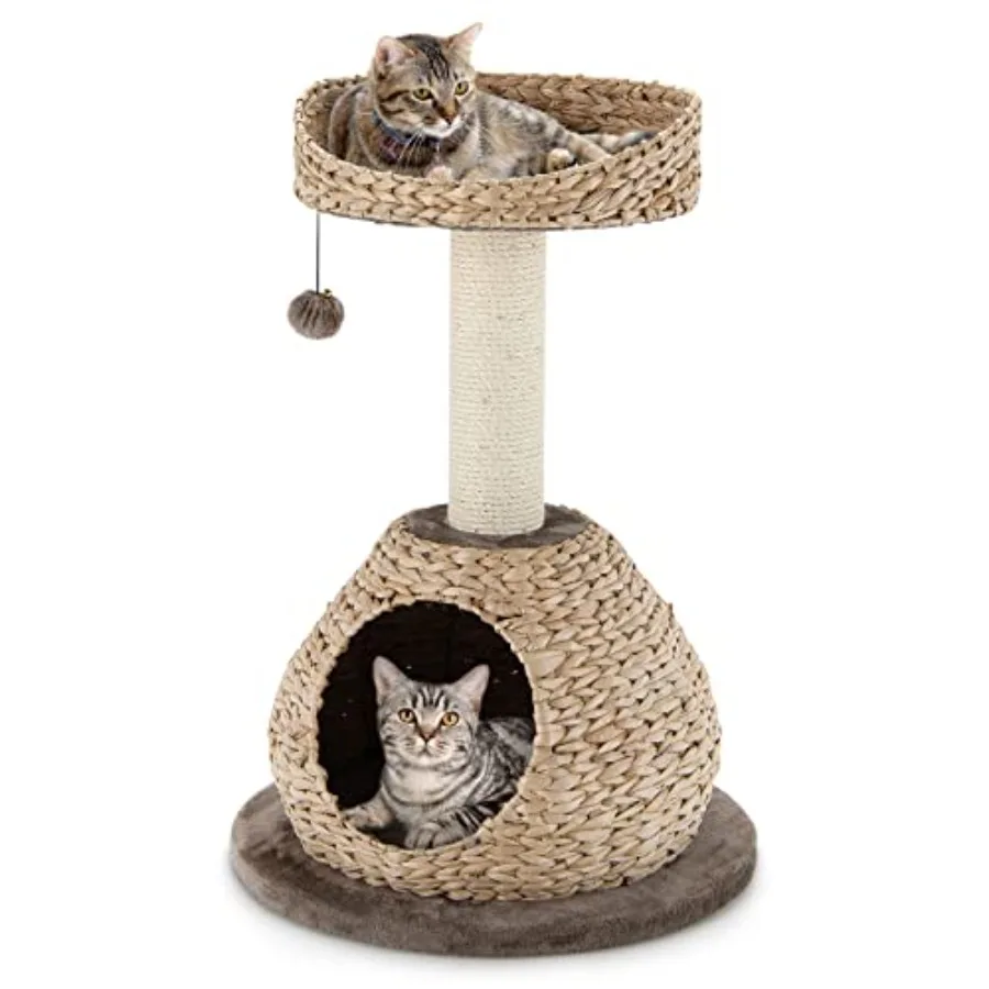 

Small cat tree tower for indoor cats: natural sisal scratching post hand-woven wicker condo top perch hanging toy ball beige an