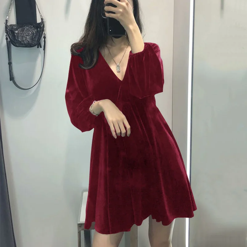 Dresses Women Velvet Light Soft Elegant V-neck Vintage Temperament Stylish Mini Birthday Party Sexy Ladies Cozy Holiday Popular