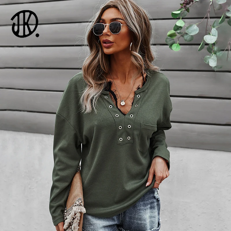 

Pure Color V-neck Knitted T-shirts Fashion New Long-sleeved Spring Top For Female 2023 Pullvoers Bottoming T Shirt Tee