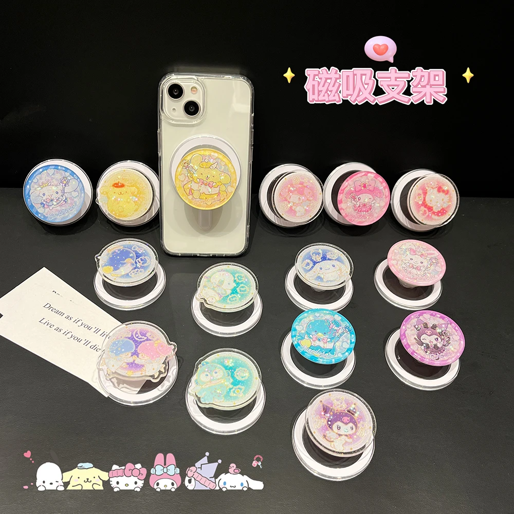 

Hello Kitty Kuromi for Glitter Magsafe Magnetic Bracket Clear Phone Case for IPhone 15 14 13 12 11 Pro Max Anti-fall Cover Gift