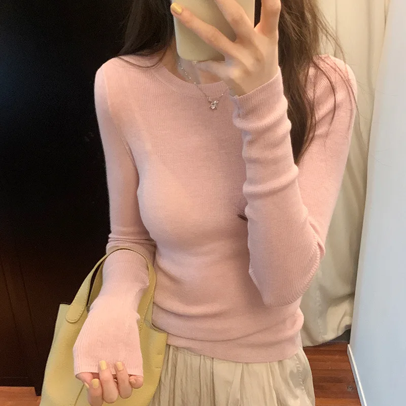 Solid color slim-fit woolen sweater base for women's fashion 2024 fall new soft waxy long-sleeved top