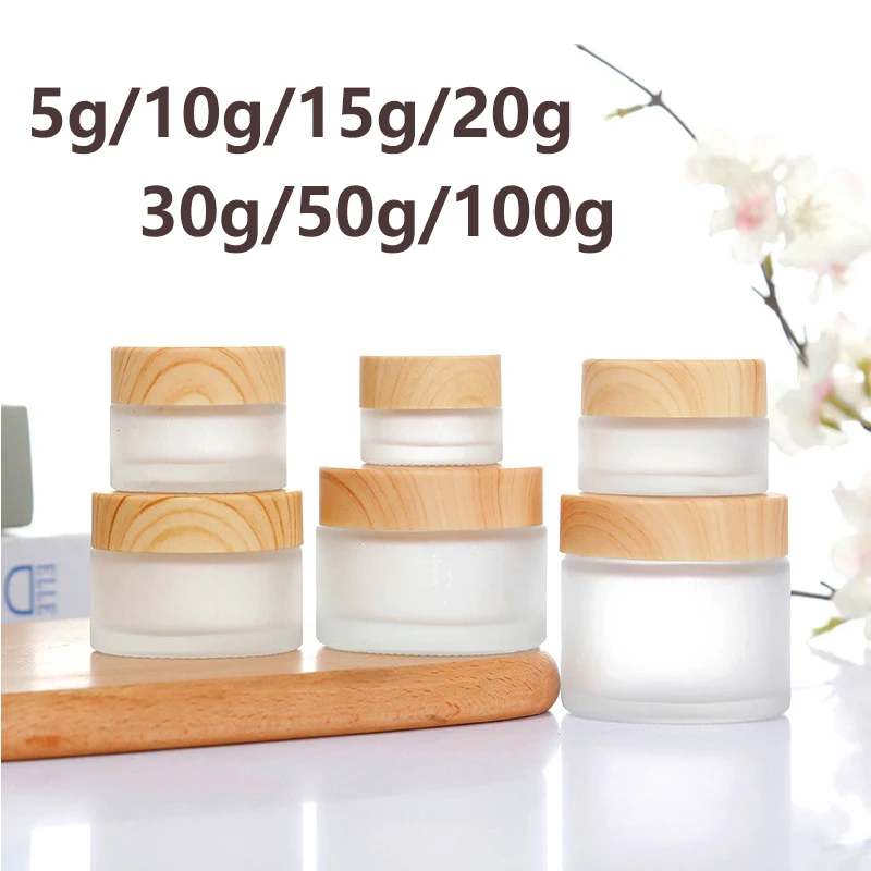 5g-100g Frost Glass Cream Bottle With Wood Lid Portable Empty Bottle For Skin Care Gel Serum Container Cosmetic Dispenser Tool