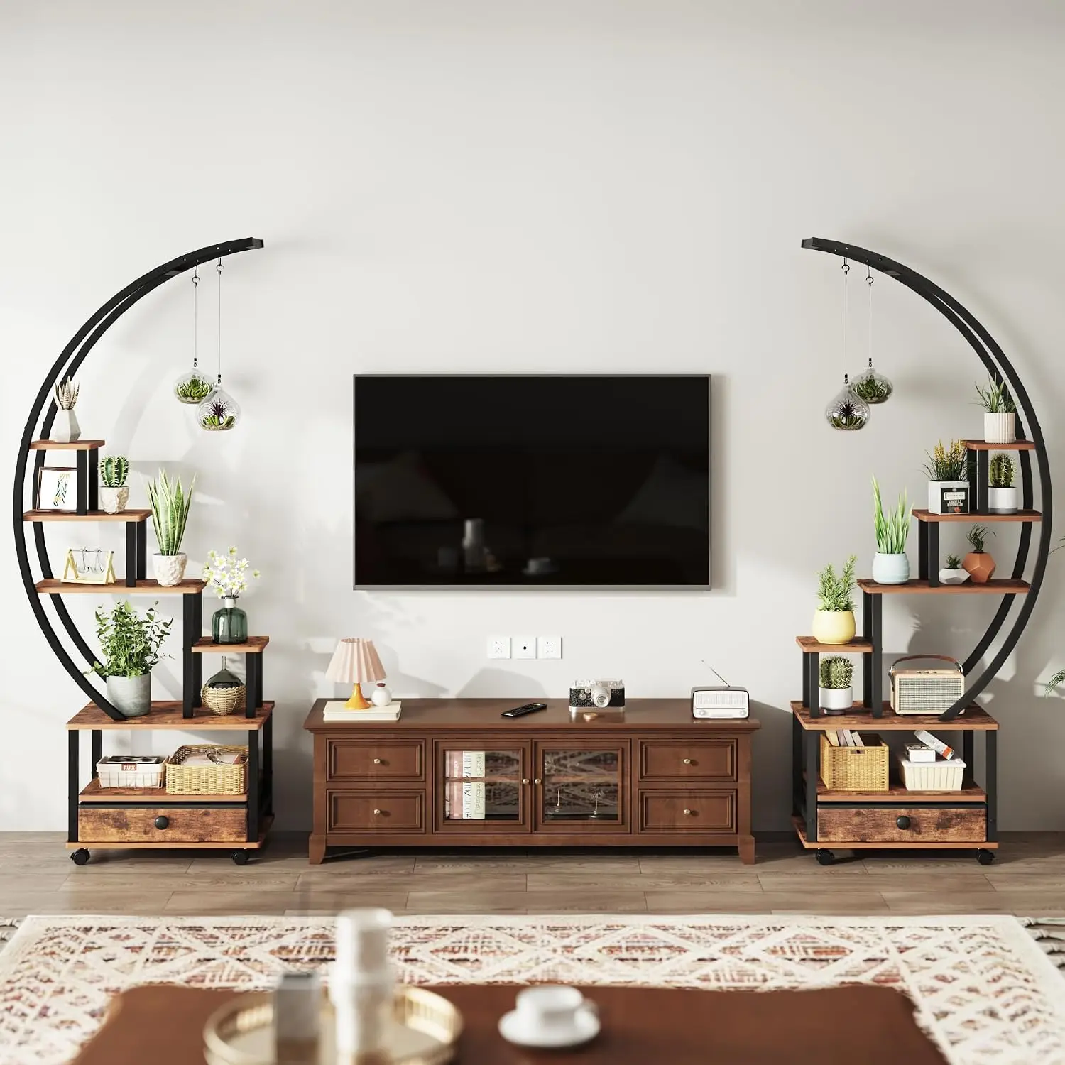 71” Tall 2 PCS Half Moon Indoor Plant Stand with Lockable Wheels, 14-Tier Plant Shelf with Drawer & Accessories, Customized