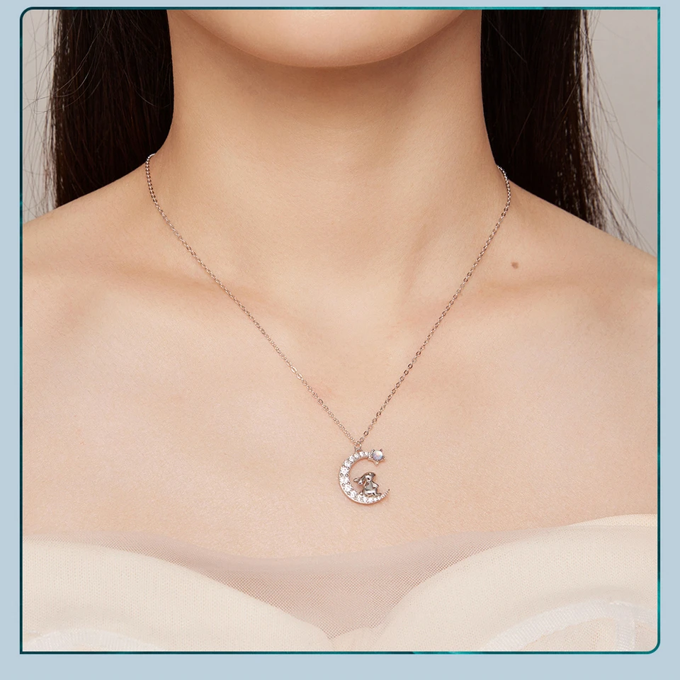 WOSTU 925 Sterling Silver Cute Cat Moon Pendant Necklace For Women, reamy Moonstone Zircon Charm Necklaces Special Gift For Her