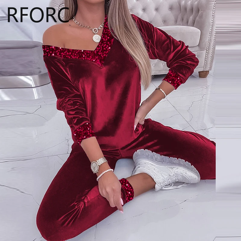 2023 Women Solid Sequins Patchwork V Neck Two Pieces Casual Pants Set