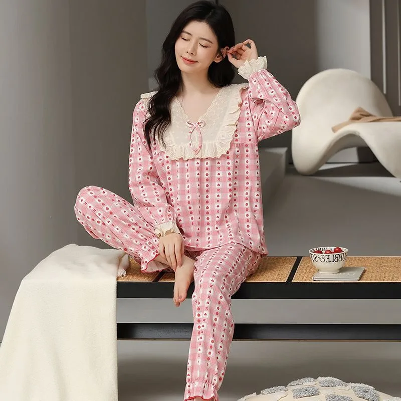 2024 New Pajamas Women Spring Autumn Pure Cotton Large Size Long Sleeve Sweet Sleepwear Set Casual Fashion V-neck Homewear Suit