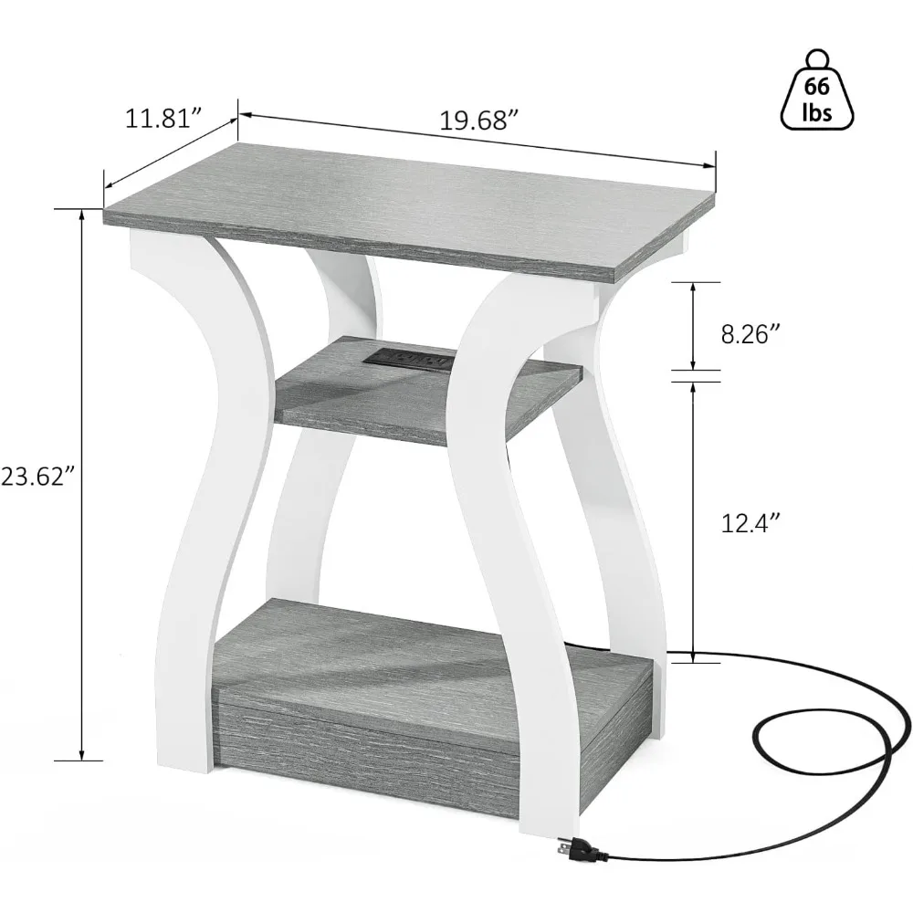 End Tables Living Room Set of 2,Grey End Table with Charging Station,Grey Side Table, Nightstand for Bedroom, 3 Tier End Table