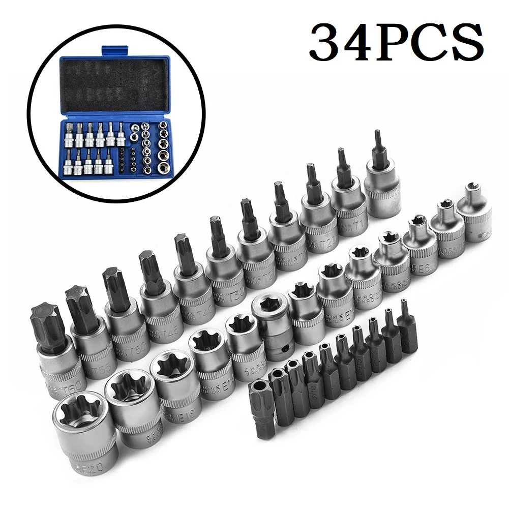 

34 Pcs Torx Star Socket Bit Set Male/female E-Security Bits For Screws Remove Drive Tool Torque Power Wrench Tools Accessories