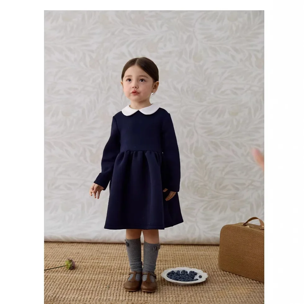 Baby Girls Dress Fashion Long Sleeve Pure Color Peter Pan Collar High End 2024 Jesienna nowa sukienka dziecięca — zdjęcie 4