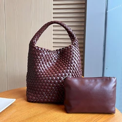 New Large Capacity Solid Color Ladies Woven Bag Fashion High Quality Two-piece Shoulder Bag Casual Shopping Tote Bags Purses