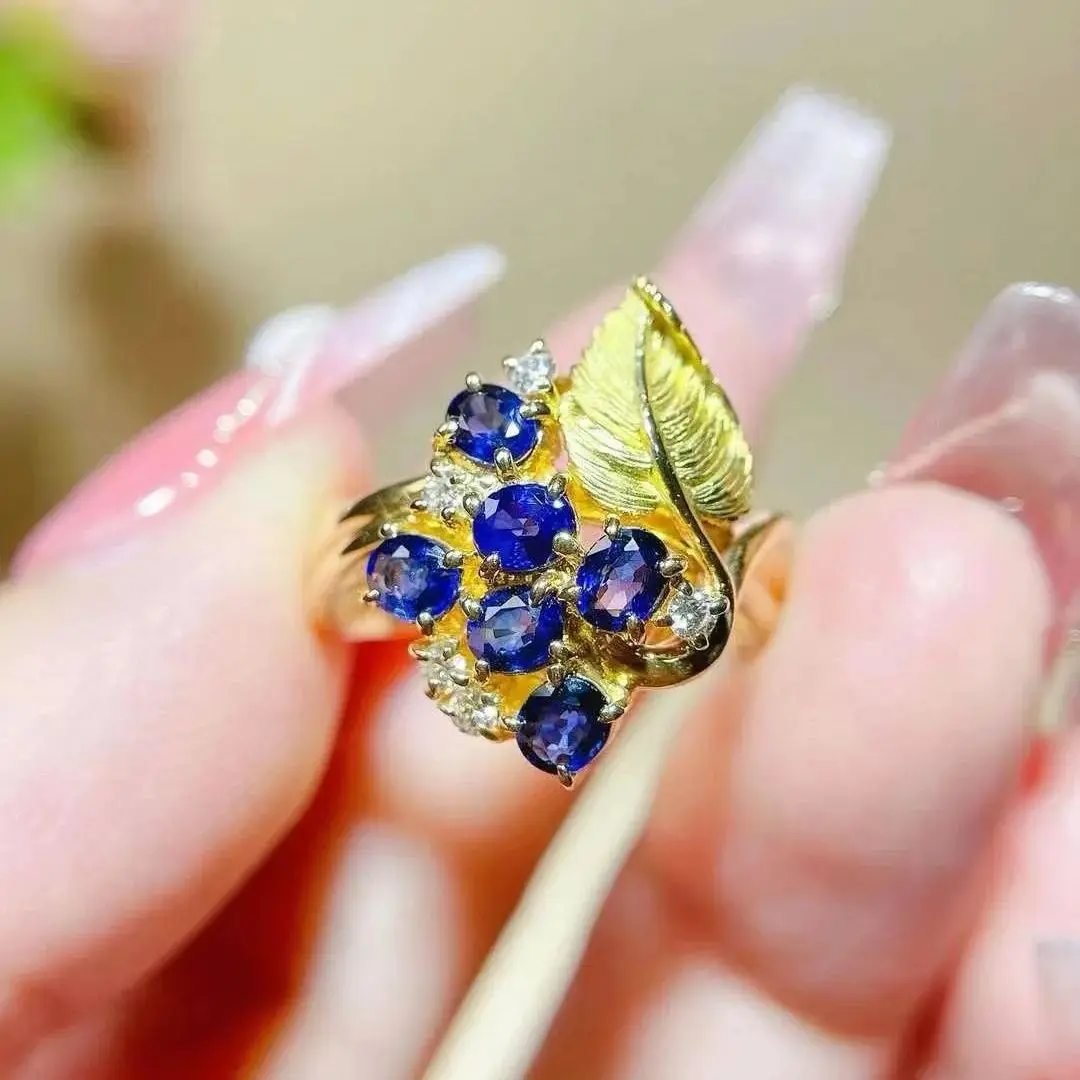 natural sapphire ring 18k yellow gold with diamond leaf design genuine luxury jewelry fine women jewelry free shipping