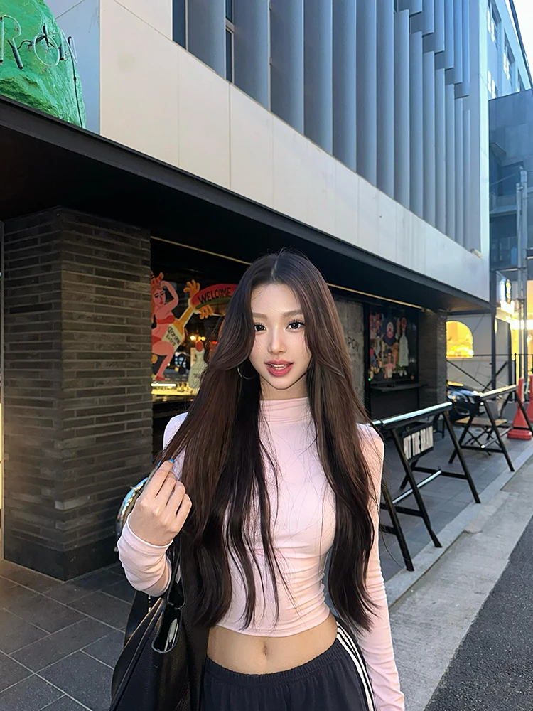 

American Sle Hot Girl f High Collar Base irt T-irt Women's Pure Desire Personali Slim Long Sve ort Model Top