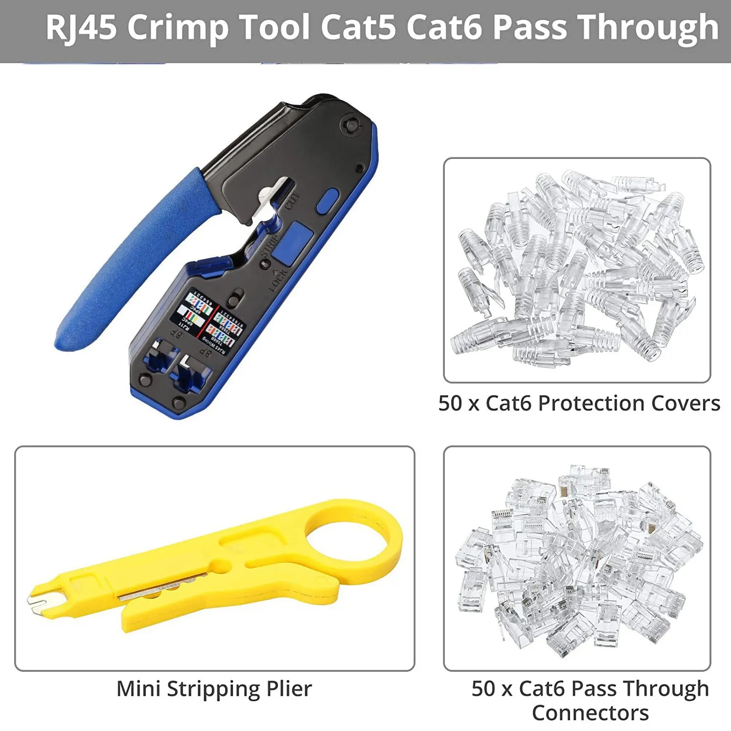 RJ45 Crimp Tool Set All-In-One Stripper Cutter with 50 PC CAT6 Pass Through Connectors 50 PC RJ45 Cat6 Protection Covers