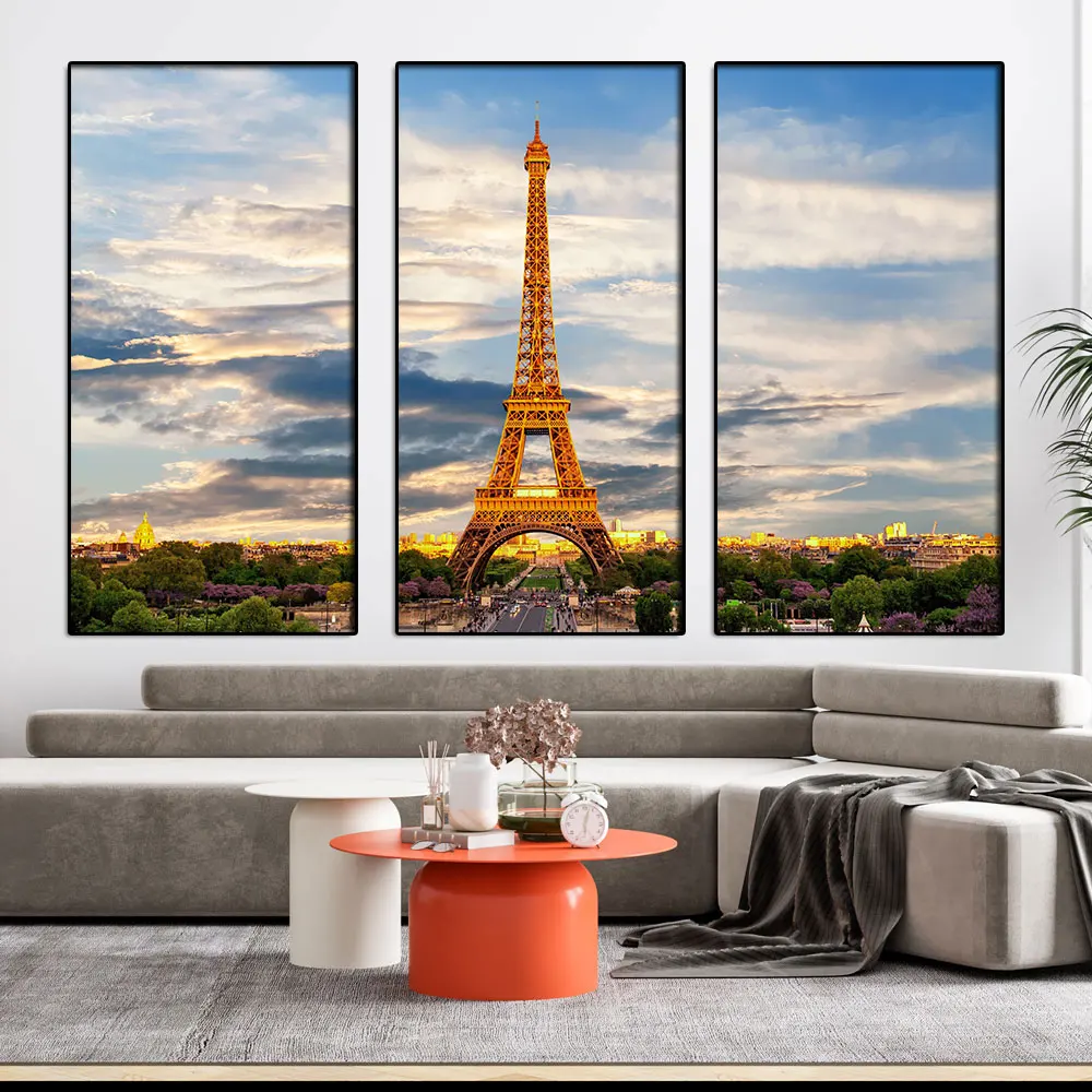 

Eiffel Tower Cityscape Set of 3 Print And Poster Canvas Painting Wall Art Summer Sunset Picture for Living Room House Decor Gift