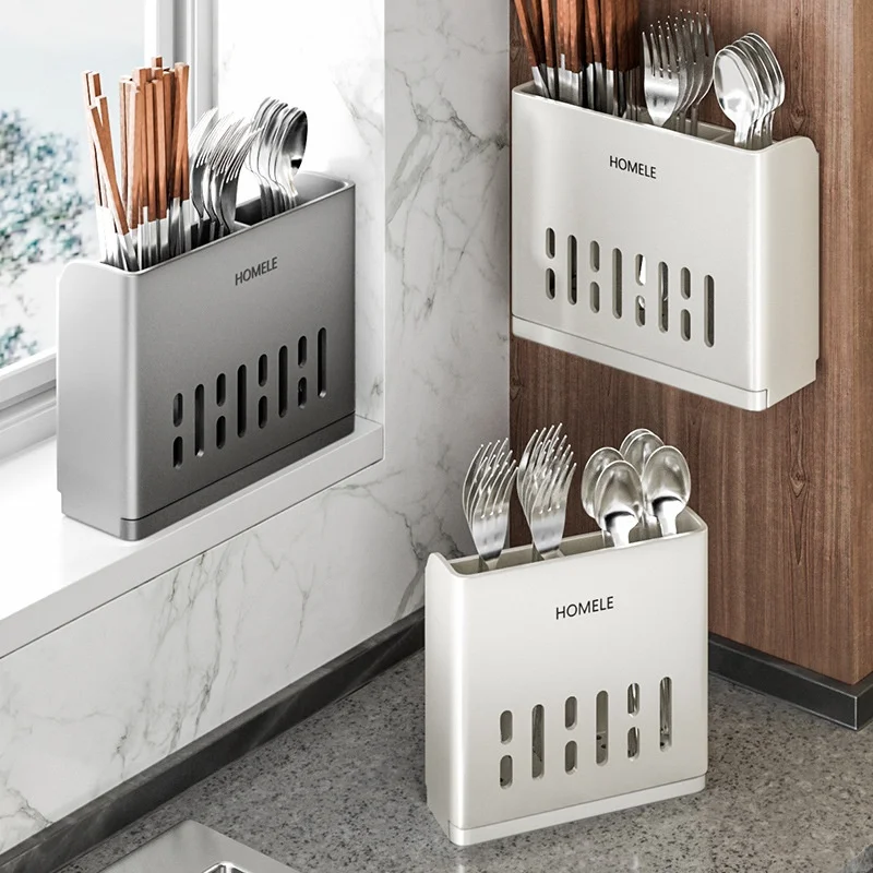 ABS Wall Mount Knife And Fork Holder No‑Punch Kitchen Cutlery Storage Box for Spoon Fork Tableware Household Organizer