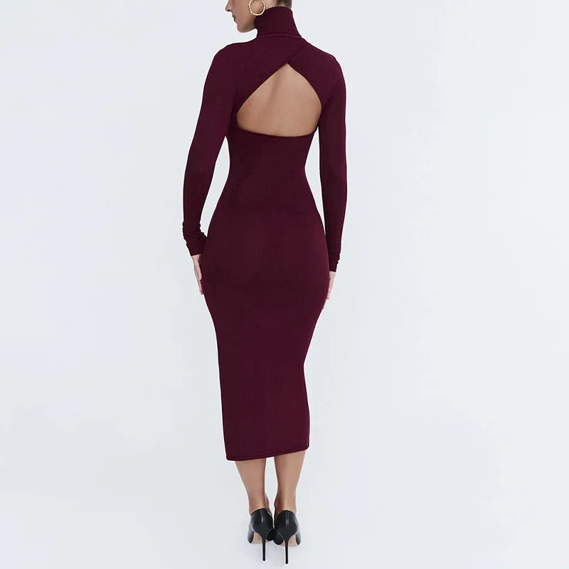 High Collar Hollow Women's Bandage Dress Long Sleeve Split Party Gown Red Backless Sheath Slim Evening Skirt Hot Newest In Stock