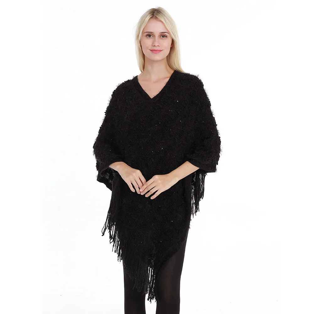 Women Spring Autumn Tassels Shawl Lady Knit Two Way Poncho Sweater Solid Color Pullover Loose Wrap in Fall Wholesale Drop Ship