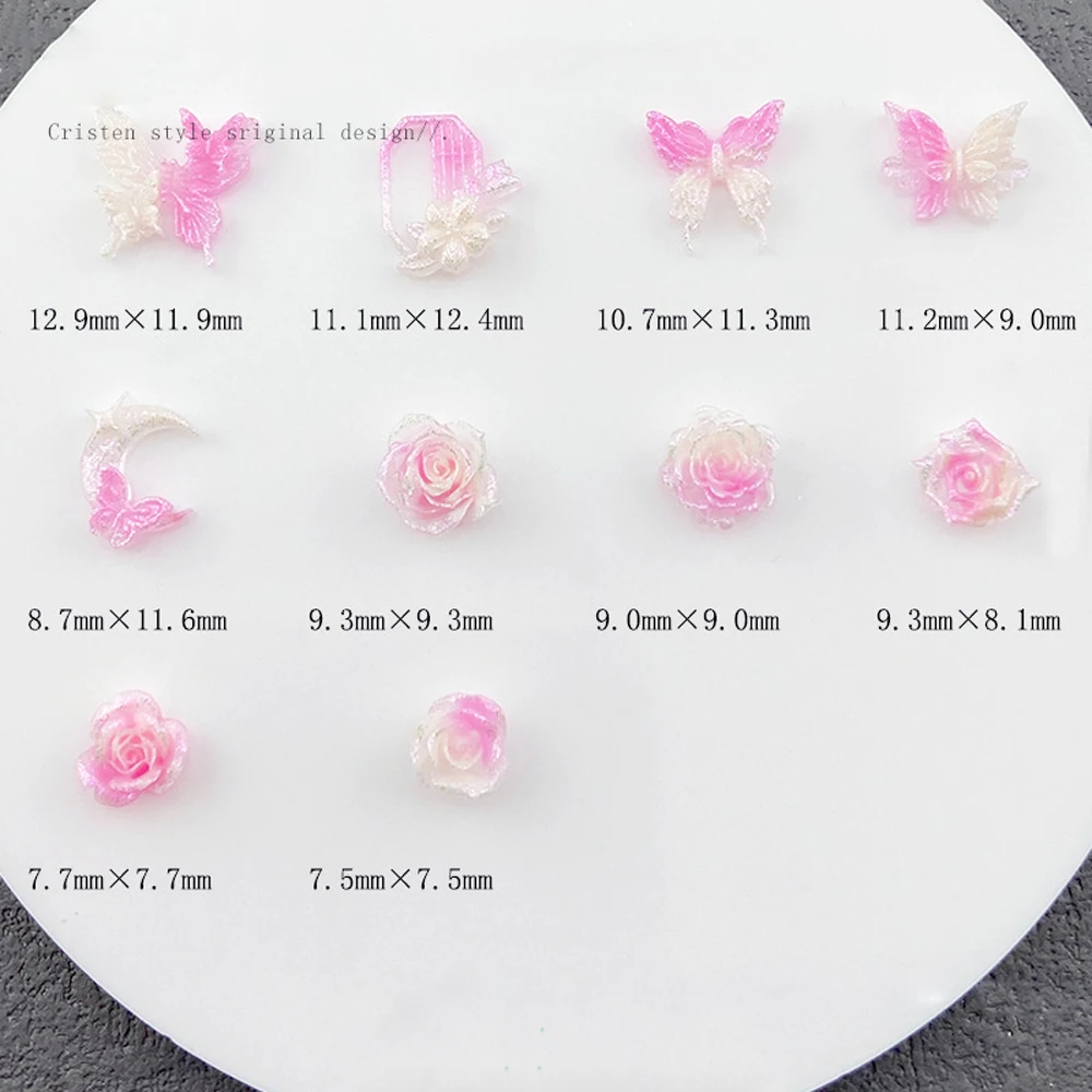 20 pçs branco rosa brilhante flor encantos do prego 3d luminosa borboleta rosa flor decoração da arte do prego diy requintado acessórios do prego