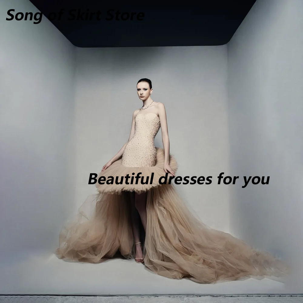 Customized Champagne Mesh Sweetheart Tube Strapless Mother Of The Bride Gown Beaded Mini Skirt High Low Tulle Train Guest Gown