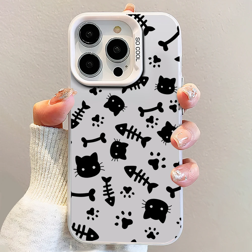 Cat Fish Bone Doodle Laser Phone Case for iPhone 12 11 13 14 15 16 Max Pro Plus IMD Shockproof Silicone Coque