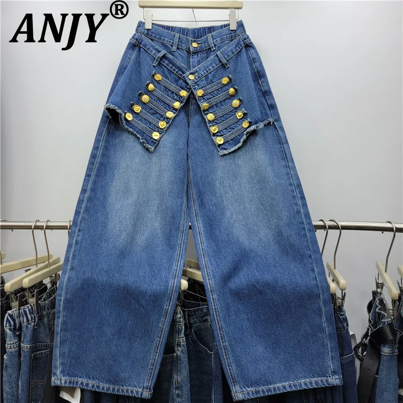 ANJY Spring Autumn New Women Heavy Button Design Patchwork Wide Leg Denim Pants Washed Distressed Retro High Street Jeans A28223