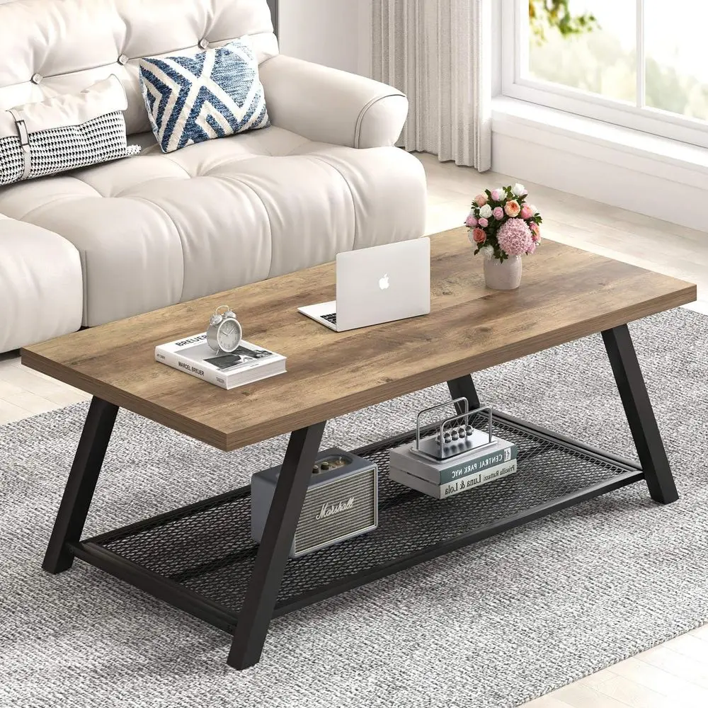 Rustic Oak 47 Living Room Coffee Table with Storage, Wood and Metal Design for Small Spaces