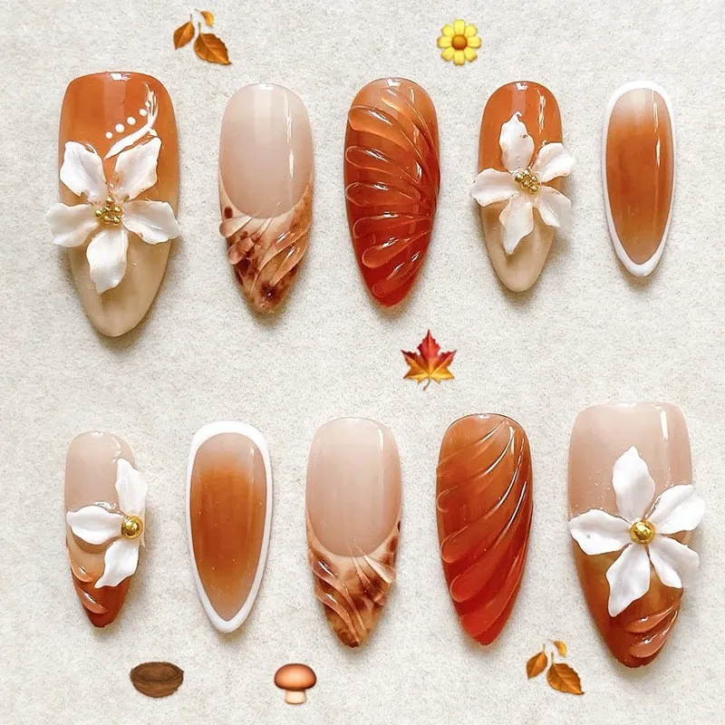 

24PCS Almond Press on Nails Autumn Winter 3D Flowers Maple Leaves Fake Nails Advanced Leopard Print French Cool False Nails 네일