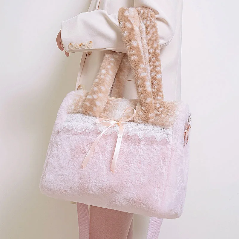 2025New autumn and winter plush bowknot sweet diamond-studded pink single shoulder messenger bag