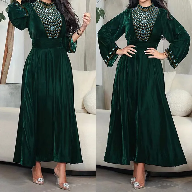 High Quality Winter New Muslim Dubai Suede Dinner Dress Robe Blue Water Drop Rhinestone Jalabia Women's Dresses