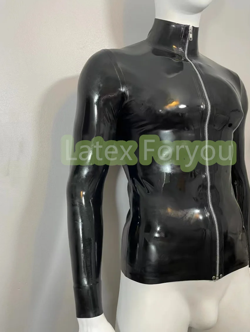 100% Handmade Male Rubber Latex High Collar with Front Long Zip Long Sleeve Classic Jacket Black Sexy Hot Coat