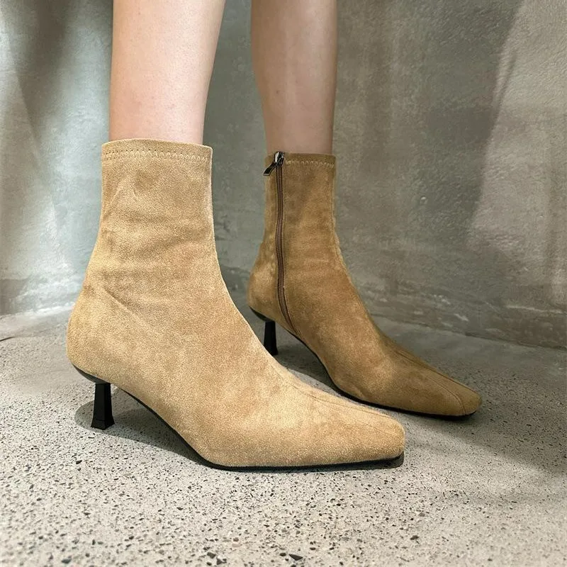 Tylny suwak buty damskie na zamek błyskawiczny buty buty-kobiety Med do połowy łydki do połowy łydki wysoki obcas jesienne spiczaste gumowe 2023 PU