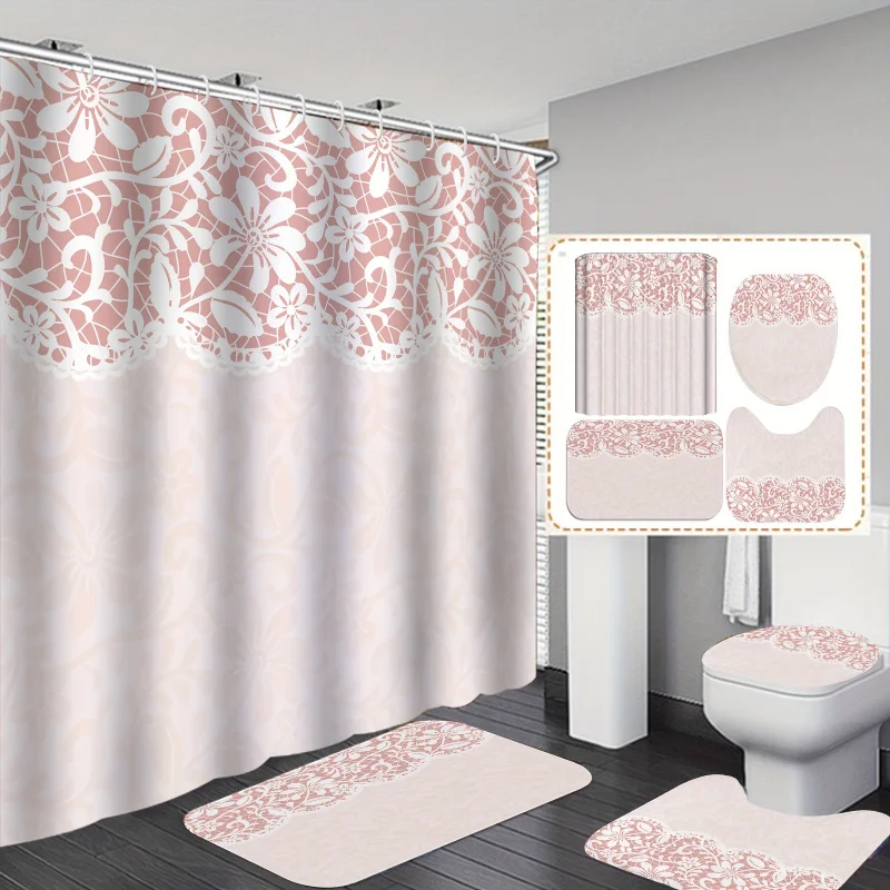 1pc/4pcs Bohemian Style Modern Abstract Pink Floral , Including 12 Plastic Hooks Waterproof Shower Curtain, Bathro