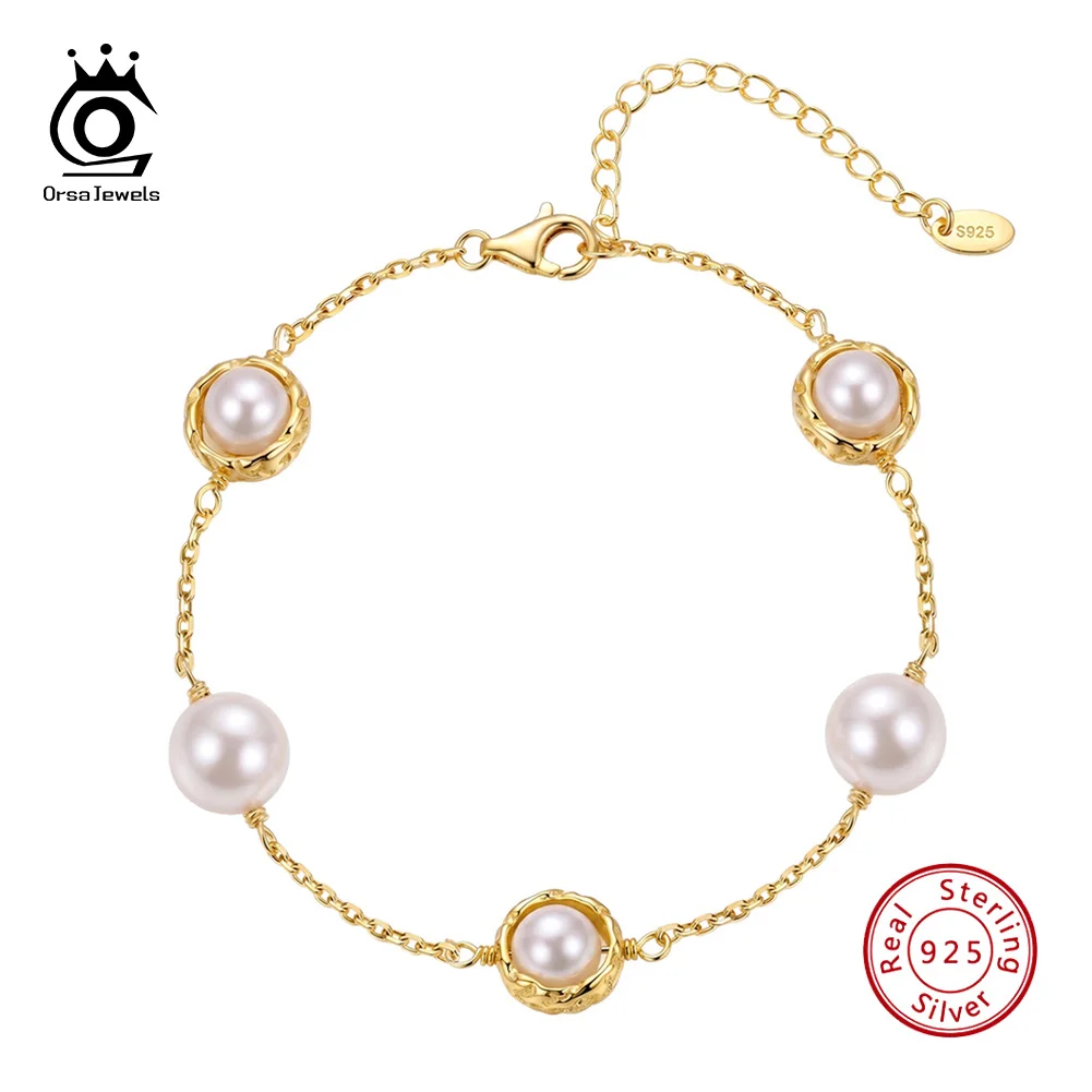 ORSA JEWELS Dainty Shell Pearl Station Bracelet for Women 925 Sterling Silver Pearl Links Delicate Fine Jewelry for Women PSB14