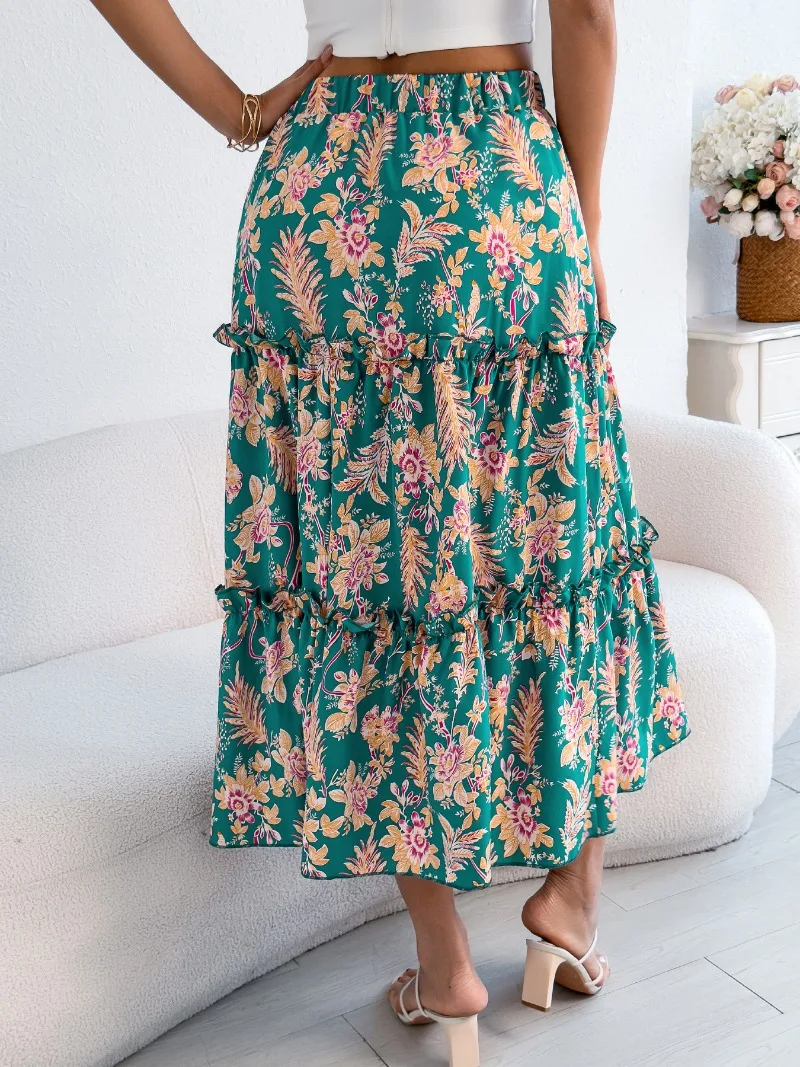 2026 Spring/Summer New Leisure Floral Print Mushroom Edge Beach Skinny High Waist Midi A-line Skirt Women's Skirts