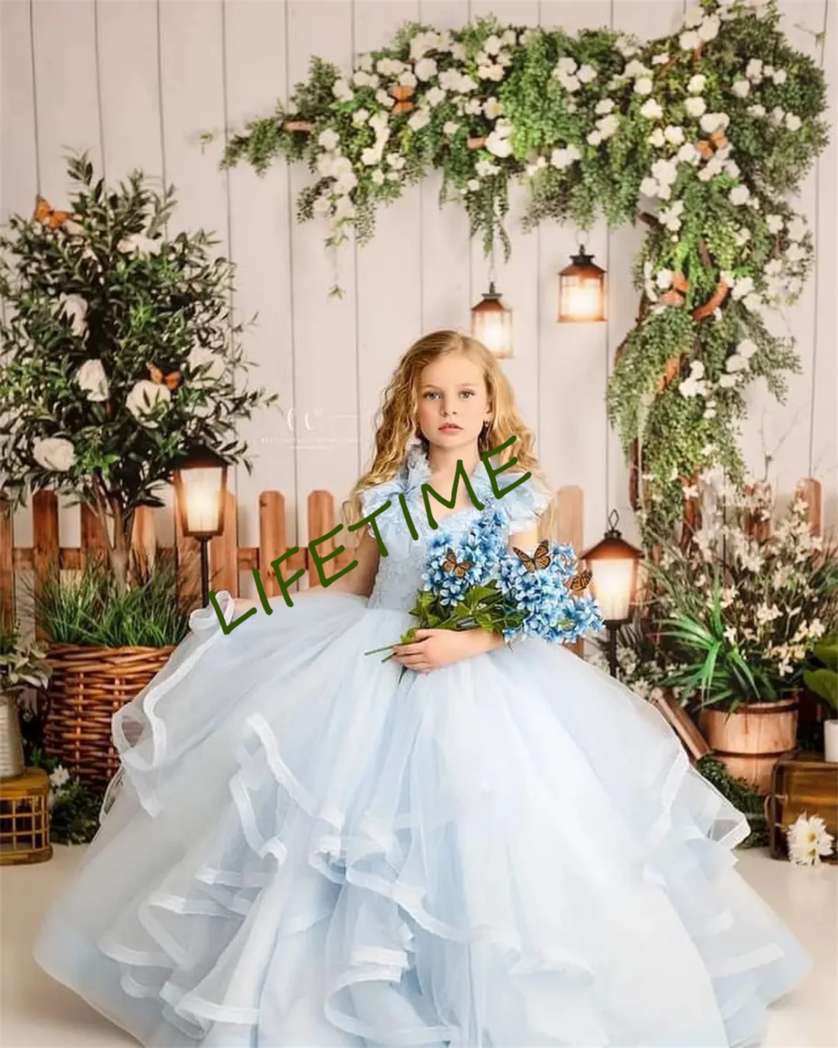 Light Blue Flower Girl Dress Wedding Party Tulle Organza Skirt Ruffled Princess Ball Gown Overflowing Floral Kids