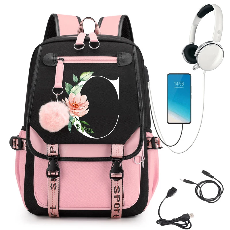 Female Travel Backpacks for School Bag 26 Floral Alphabet Backpack Girls Sports Cartoon Backpacks for Women School Bag for Girls