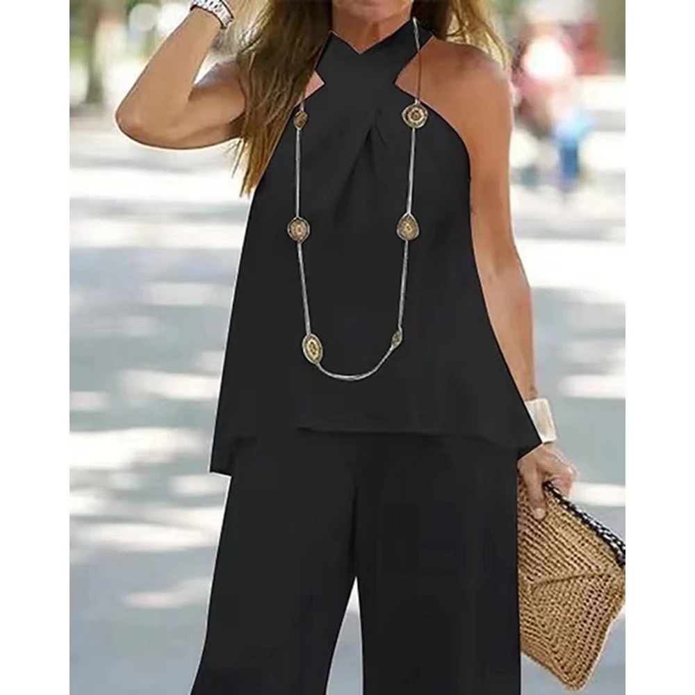 Women Halter Sleeveless V-Neck Top & High Waist Pants Set Casual Femme Fashion Two-Piece Set Loose Outfits for Woman Tracksuit