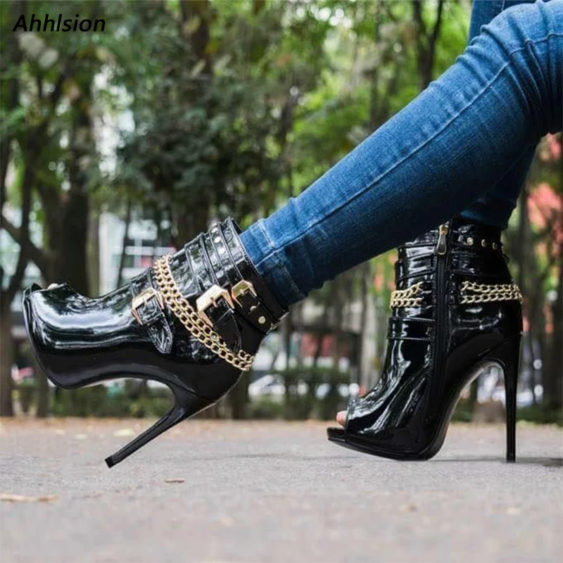 

Ahhlsion Handmade Black Patent Leather Ankle Boots - Open Toe Stiletto Heels with Gold Chain Straps Women's Ladies US Size 5-20