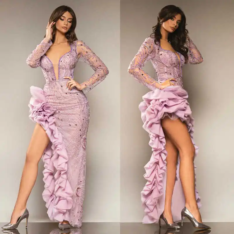 

Sexy High Slit Beaded Prom Gowns Long Sleeve Deep V Neck Evening Dresses Ruffles Dinner Party Customized Romper Dress
