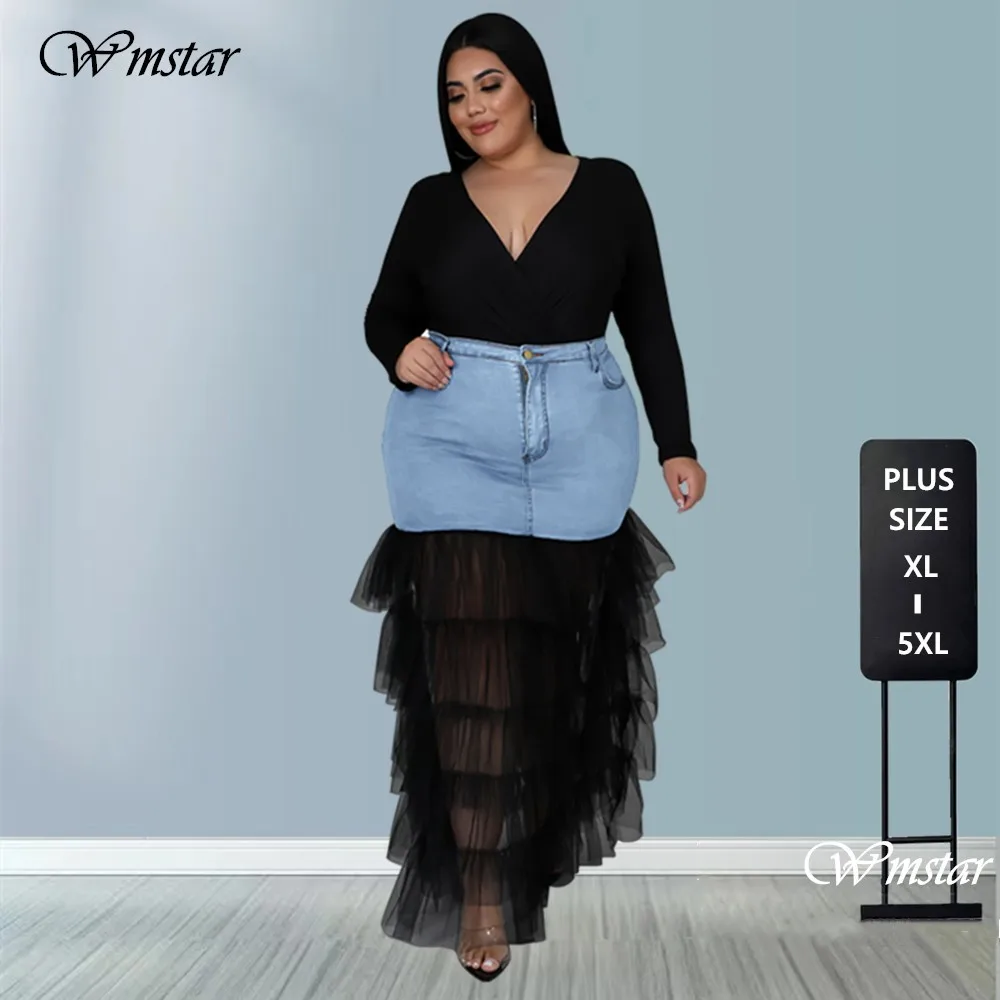 Wmstar Plus Size Only Skirts Women\'s Clothing Denim Maxi With Mesh Patchwork Sexy Medium Stretch Wholesale Dropshipping 2022