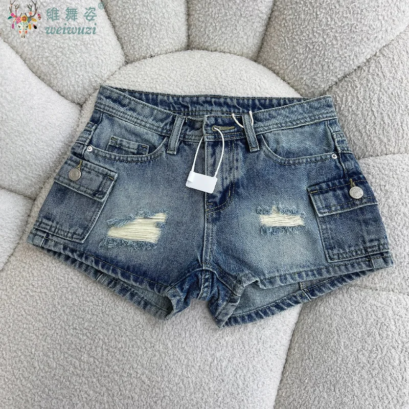 

Design Fashion Sexy Low Waisted Denim Shorts Women's Party A-Line Leisure Jeans Slim Summer Vintage Loose Spicy Girl Streetwear