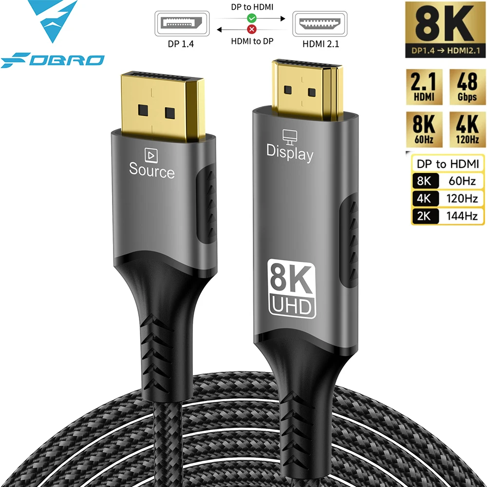 Adaptador DisplayPort A HDMI 8K @ 60Hz / 4K @ 120Hz – Cable Trenzado Con HDR Y Sonido Envolvente, Compatible Con HP, Dell, NVIDIA Y AMD