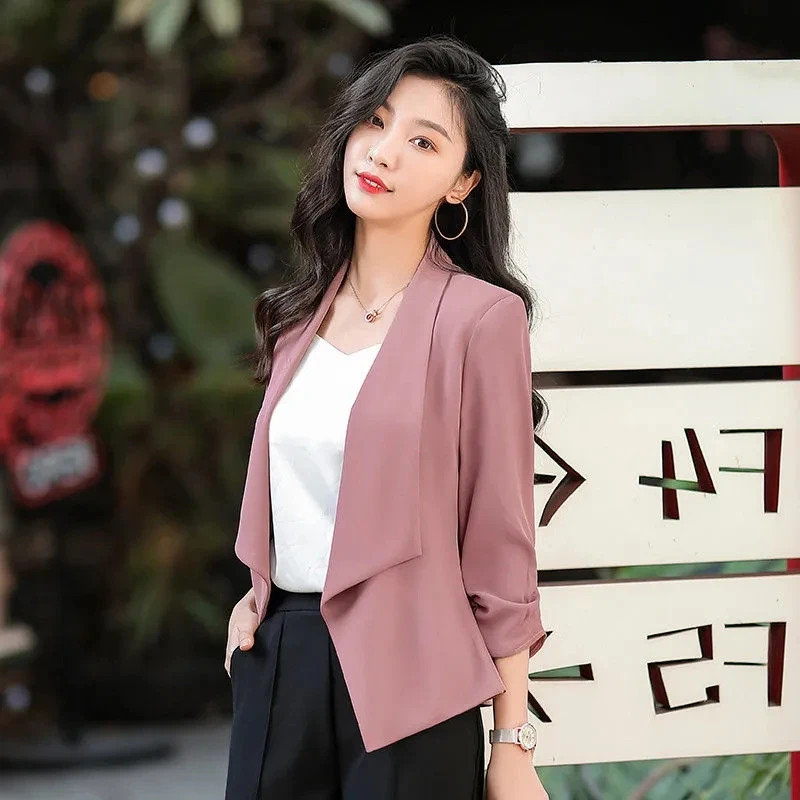 Solid Color Chiffon Pink Suit Coat Women's Spring and Autumn 2023 3/4 Sleeve Drop Feel Casual Blazer Summer Thin Cardigan White