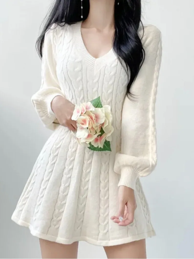 

Ретро-вязаный свитер-платье с эффектом похудения, рукавами-фонариками, завышенной талией, А-силуэтом, V-образным вырезом, твидовым узором, шикарный, осенне-зимний