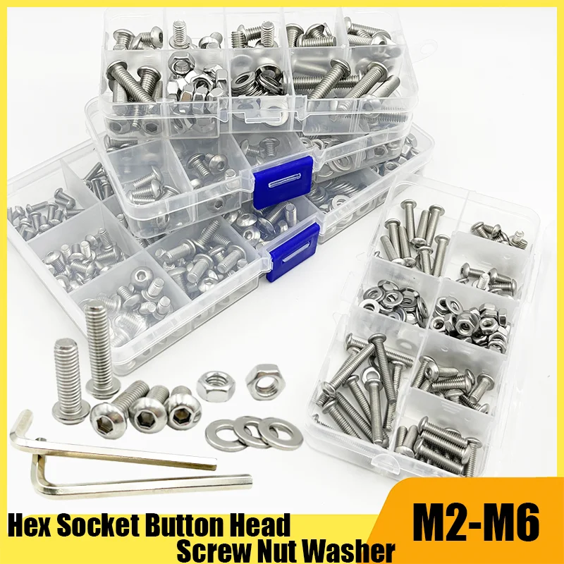 Hexagon Button Socket Cap Screw Bolt and Nut Set Stainless Steel Round Pan Head Allen Screw Nut Kit with Hex Key M2 M3 M4 M5 M6