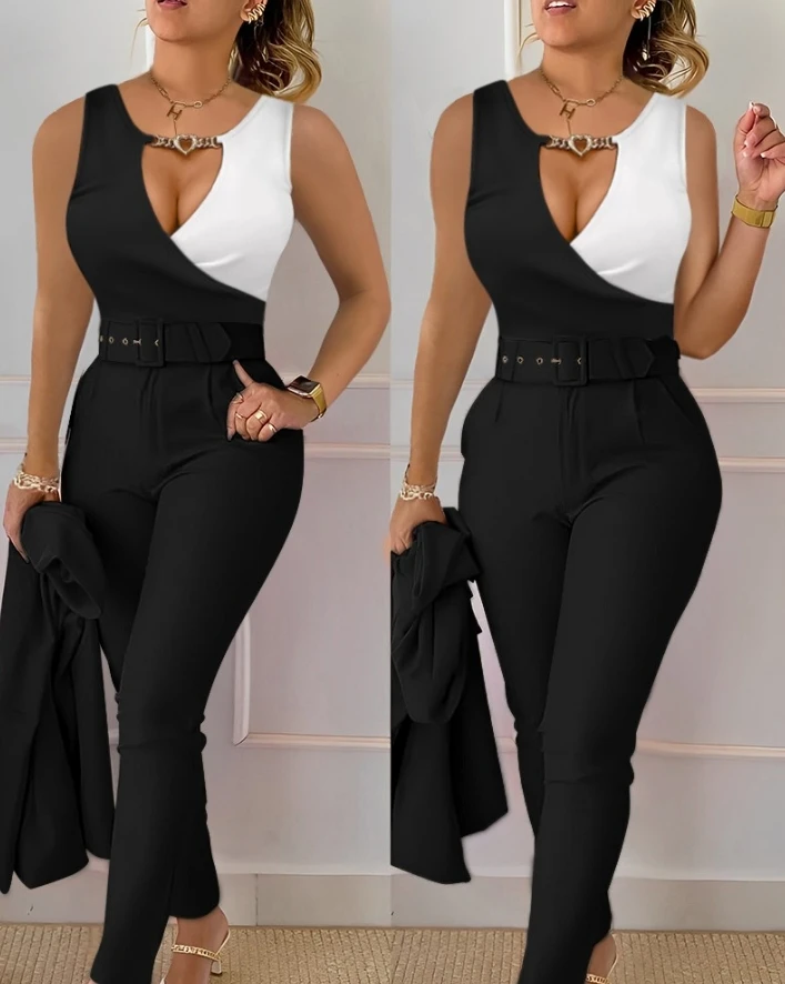 

Two Piece Set Women Outfit 2024 Summer Colorblock Chain Decor Keyhole Neck Sleeveless Tank Top & Elegant High Waist Pants Set